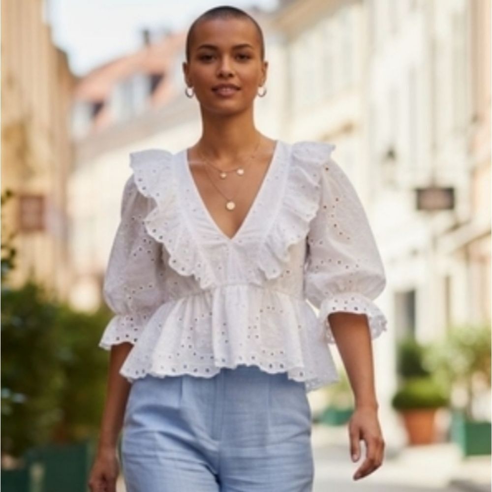 Zara White Ruffled Peplum Blouse with 3/4 Sleeves